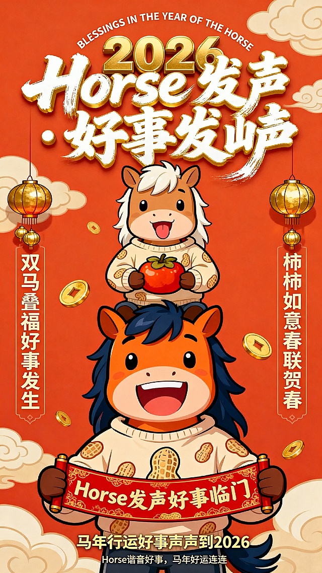 童趣手绘风格马年春节海报，平涂色彩，高饱和度正橙红色背景，点缀浅米色祥云纹样与金色钱币图案。画面主体是两只叠放的 Q 版拟人马：
下方是体型较大的橙色拟人马（深蓝色鬃毛），穿着花生纹样新年卫衣，大笑表情，双手拿着好事临门的一副红底金纹的新春对联（对联内容为 “Horse 发声 好事临门”）。
上方是浅棕色拟人马（米白色鬃毛），穿着同款花生卫衣，吐舌头的俏皮表情，双手捧着一个红澄澄的柿子，寓意 “事事如意”
文字排版（参考原图布局）：
顶部：金色立体字 “2026”，叠加白色鎏金书法主标题「Horse 发声・好事发声」（英文 “Horse” 做艺术化设计，与中文书法笔触融合，突出谐音梗）
主标题上方：弧形排列的浅米色小字 “BLESSINGS IN THE YEAR OF THE HORSE”
画面左右两侧：竖排浅米色小字吉祥语，左侧 “双马叠福 好事发生”（旁缀金色小灯笼），右侧 “柿柿如意 春联贺春”（旁缀金色小灯笼）
底部：浅金色小字 “马年行运 好事声声到 2026”，最下方极小字注解：“Horse 谐音 好事，马年好运连连”