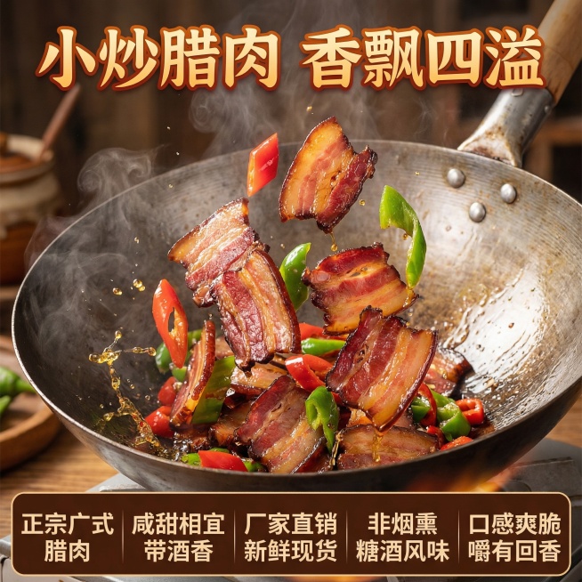 这张图片是产品主体这款产品是广式腊肉 我需要设计20张主图在拼多多上面售卖    主图场景布局可以用厨房 炒腊肉 腊肉细节等设计一个高级有食欲一些主图文案内容 正宗广式腊肉 厂家直销 新鲜现货 咸甜相预览效果