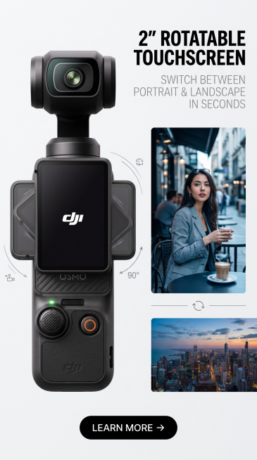 严格还原DJI Osmo Pocket 3产品细节：哑光黑机身颜色、DJI/OSMO品牌LOGO位置、文字内容、可旋转触控屏、橙色录制按键，产品尺寸约 139.7 × 42.2 × 33.5 mm，重预览效果