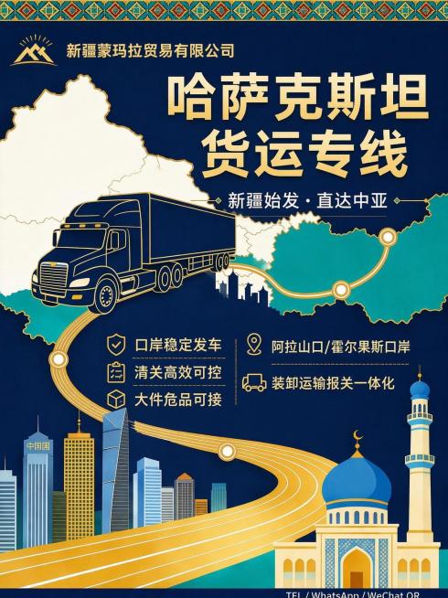 在上次生成的海报基础上修改，保持原有国潮商业插画风格和深蓝金色配色不变：1. 左上角增加公司名称"新疆蒙玛拉贸易有限公司"，2. 卖点新增"阿拉山口/霍尔果斯口岸"和"装卸运输报关一体化"，保持文字精预览效果