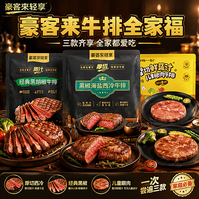 单张电商爆款主图，豪客来轻享牛排全家福（厚切西冷黑胡椒牛排+上脑牛排+儿童牛排），爆款促销感路线，高点击强转化。画面主体：三款牛排包装袋呈错落层次摆放，中间是厚切黑椒海盐西冷牛排黑色包装（金色标签+绿色徽章），左侧是经典黑胡椒牛排黑色包装（绿色标签），右侧是哞哞一刻儿童眼肉牛排黄色包装，三款包装外观与输入产品图完全一致，杜绝变形和色差。三款包装前方摆放三块煎好的牛排：西冷牛排厚切带烤纹、上脑牛排切片、儿童圆形牛排，肉质鲜嫩多汁，表面油亮有焦香。主体占画面约60%。构图版式：顶部大标题型，三段式结构。顶部25%区域：左上角放豪客来轻享品牌Logo，中间超大粗黑体主标题"豪客来牛排全家福"，金黄色粗体字带深棕描边，下方一行副标题"三款齐享 全家都爱吃"。中部55%区域：三款牛排包装+成品牛排为视觉中心，摆放在深色木质台面上；牛排旁边放黑胡椒粒、迷迭香、小番茄、西兰花等配菜点缀；周围有淡淡的热气/烟雾效果，表现刚煎好的热乎感；背景为深色高端餐厅氛围，虚化的烛光和餐具。底部20%区域：通栏深棕/黑色底条，三个圆形卖点图标横向排列，分别是"厚切西冷""经典黑椒""儿童眼肉"，右侧放"一次尝遍三款"和一个"家庭必备"小印章标签。光影质感：暖调强光从右上方打来，牛排表面金黄焦香有光泽，肉汁欲滴，包装有清晰的高光和质感，底部有自然投影和台面倒影，背景虚化突出主体，整体高端大气、食欲感极强。配色字体：主色深棕/黑色，辅助色金黄+红色，强调色绿色（配菜点缀）；主标题粗黑体厚重有力，卖点图标文字清晰可读。1:1正方形比例，超高清商业摄影质感。负向提示：变形、水印、错字、糊字、伪Logo、主体遮挡、背景杂乱、低清晰度、人物面部、多余的手。