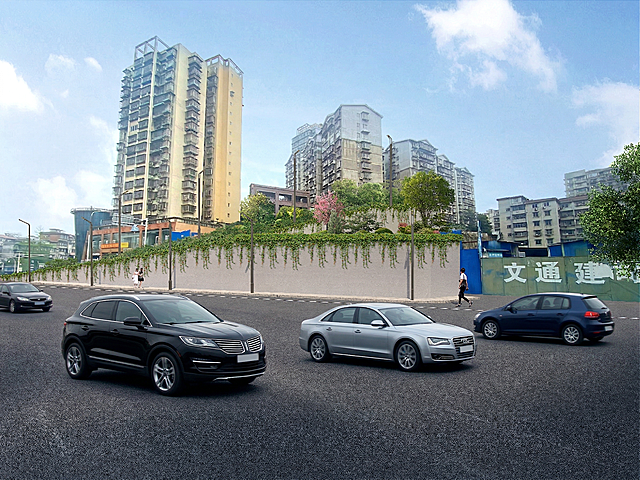 在道路前景处添加几辆行驶中的汽车，风格与原图一致，保持真实城市街景氛围