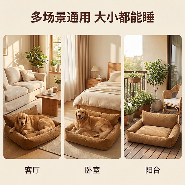 [垫图] https://gdesign-dam-hz.dancf.com/35917274432134263/9839119662eb4d6f92e7a5cb324488d2.png，基于原狗窝设计，展示狗窝分别放置在客厅、卧室、阳台三个不同家居场景中的效果，保持整体风格统一，都是温馨暖调自然光，每个场景都有同一只中大型犬趴在窝里，展示大小通用的空间包容性。画面整体为治愈家居风格，色调统一，保持狗窝外观与原图一致。主色调焦糖色，背景统一为浅暖色调。文字版式：主标题 "多场景通用 大小都能睡" 居中悬浮在画面顶部，每个场景下方标注场景名称，文字为深棕色无衬线字体，不遮挡狗窝主体。