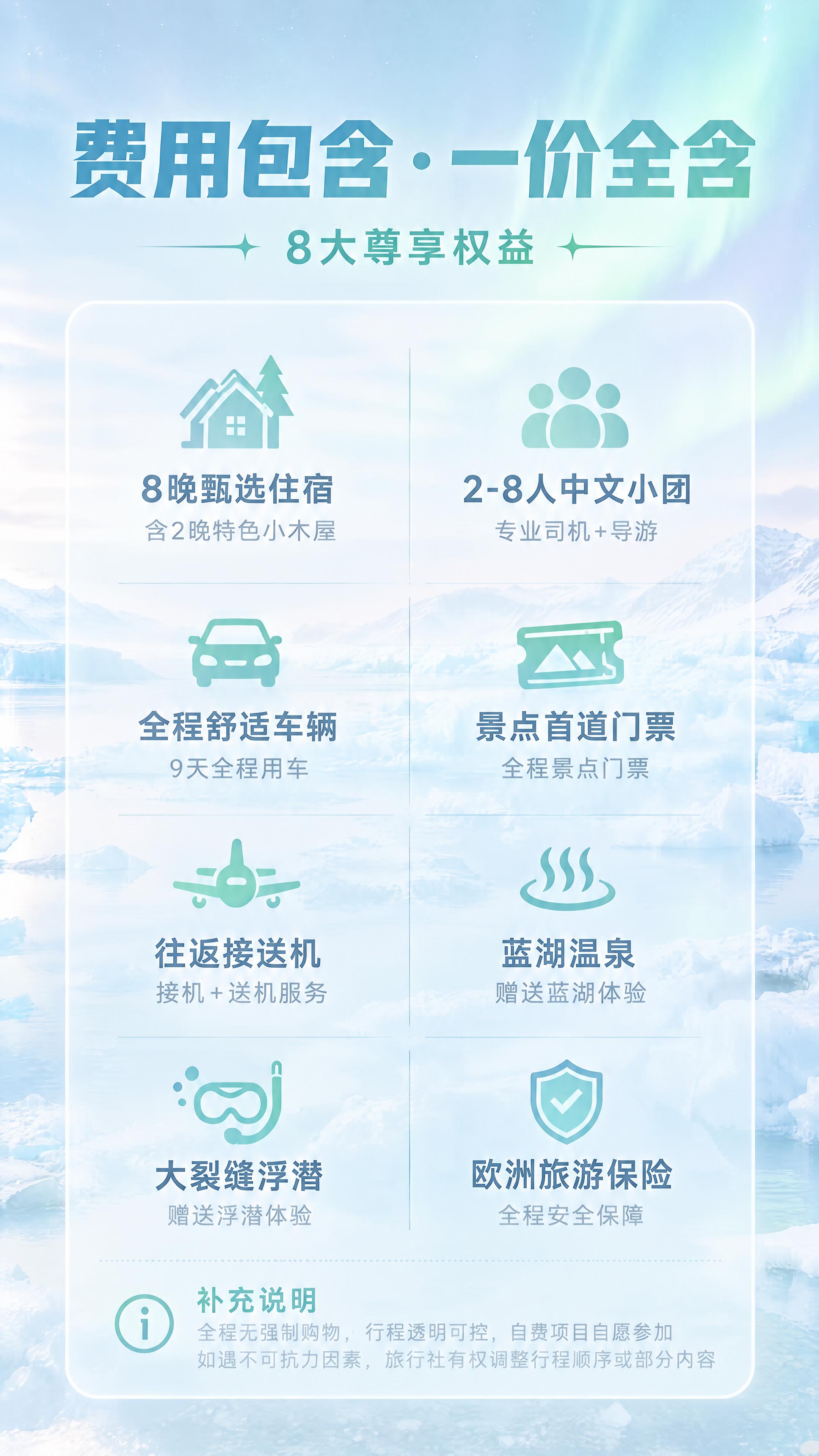将这张费用包含一价全含海报调整为淡雅极光色系风格，费用说明区域… - 图片创意预览