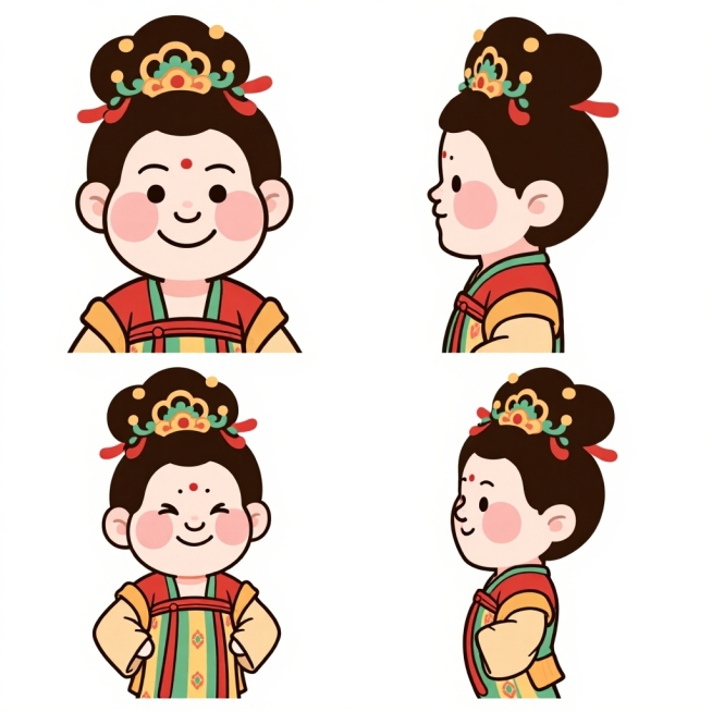 给古都长安设计个官方旅游IP！要融合唐代文化（比如唐三彩马或者仕女）和现代潮流，做得萌一点。风格走国潮插画，线条圆润点，颜色参考唐代壁画但要更鲜亮活泼。性格嘛，要自信大方、热情好客、懂历史，可以带点小预览效果