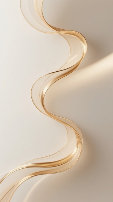 极简抽象风格背景，柔和的米白色渐变基调，中央由数条流畅飘逸的金色线条构成主体，线条呈现出优雅的波浪状曲线形态，相互交织缠绕，线条边缘带有细腻的高光光泽，整体光影柔和，光线从右侧斜向照射，赋予线条微妙的立体感和温暖的金属质感，营造出宁静、高端、雅致的氛围，画面简洁大方，视觉焦点突出，无任何文字及装饰元素干扰。预览效果