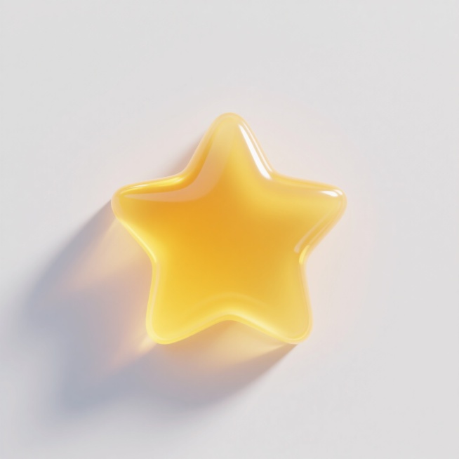 一个明亮的黄色五角星，具有光滑的3D质感和半透明的果冻效果，表面有柔和的高光和渐变色彩，边缘圆润，整体呈现出饱满的立体感，放置在纯白色背景上，光线从左上方照射，在底部形成轻微的阴影，营造出清新、活泼且略带梦幻的氛围。预览效果