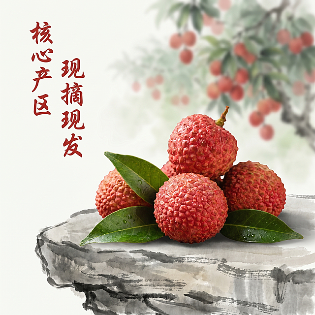 [主图 2] 妃子笑荔枝产地现摘国风展示。
[氛围风格] 国风写意果园风，雅致自然；
[画质] 商业摄影质感，融合国风意境，清晰通透，超高清。
[元素] 几颗带叶妃子笑荔枝放在水墨石台上，背景是淡墨荔枝林虚化晕染，保持荔枝外观颜色与原图一致，精细化无变形。主体占比约65%，满屏留白雅致。
[光影] 柔和侧光，突出荔枝红润饱满，整体意境干净清透。
[配色] 荔枝红，叶子绿，水墨浅灰调，国风配色雅致，低饱和度。
[视角构图] 平视偏俯视构图，主体居中，背景写意留白。
[文字版式] 左侧竖排大字「核心产区 现摘现发」，国风字体红色，不遮挡荔枝主体。
[比例分辨率] 1:1 2k分辨率，文字清晰。
[负向提示词] 变形，水印，文字错乱，遮挡主体，背景杂乱