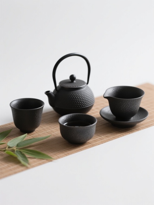 一张极简风格的茶具摄影作品，主体为四个不同样式的黑色茶具，包括一个带有圆形提梁和点状纹理的茶壶、一个带杯把的茶杯配杯碟，以及另外两个造型各异的茶杯（例如一个无把敞口杯和一个带低矮杯足的茶杯），所有茶具均呈现哑光黑色陶瓷材质，表面有细微的颗粒质感和自然的光影反射。茶具错落有致地摆放在浅棕色竹制茶席垫上，茶席上点缀着几片翠绿的竹叶作为装饰，营造出宁静、素雅的东方禅意氛围。画面采用柔和的侧逆光照明，……预览效果