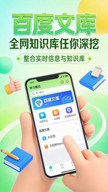 这是一张竖版手机应用推广广告图，采用清新活力的扁平化插画风格。主色调为薄荷绿与亮绿色渐变背景，搭配白色、黄色点缀，营造轻松高效的科技感。画面中心是一部被双手握持的智能手机，屏幕清晰展示“百度文库”Ap预览效果