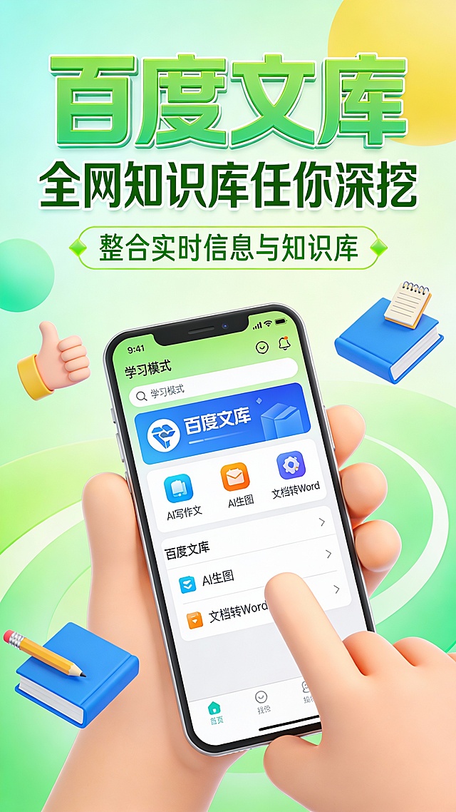 这是一张竖版手机应用推广广告图，采用清新活力的扁平化插画风格。主色调为薄荷绿与亮绿色渐变背景，搭配白色、黄色点缀，营造轻松高效的科技感。画面中心是一部被双手握持的智能手机，屏幕清晰展示“百度文库”App界面，包含“AI写作文”、“AI生图”、“文档转Word”等丰富功能图标及搜索栏，屏幕顶部显示“学习模式”标识。上方是超大号绿色立体字“百度文库”，配以“全网知识库任你深挖”主标语，下方辅以“整合实时信息与知识库”的说明文字，并加入点赞手势和两本蓝色书本作为装饰元素，书本旁点缀铅笔、笔记本迷你图标。构图上，手机居中突出，文字分层排布于顶部与中部，视觉引导流畅。背景运用柔和的圆形色块与动态曲线，增强空间感与动感。整体设计强调信息密度与视觉亲和力，旨在直观传达产品功能强大、操作便捷的核心卖点。