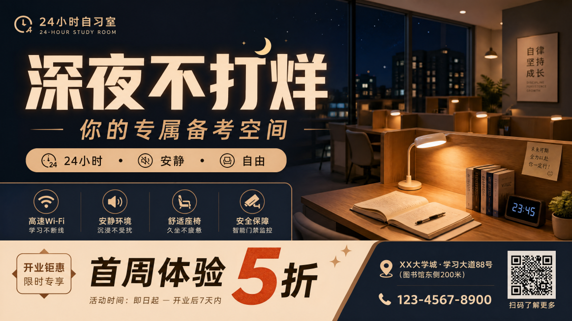 现代简约温馨风格的24小时自习室开业宣传单页正面，深夜氛围感设计，主标题大字"深夜不打烊"，副标题"你的专属备考空间"，装饰文字"24小时 · 安静 · 自由"，底部促销信息大字"首周体验 5折"。采预览效果