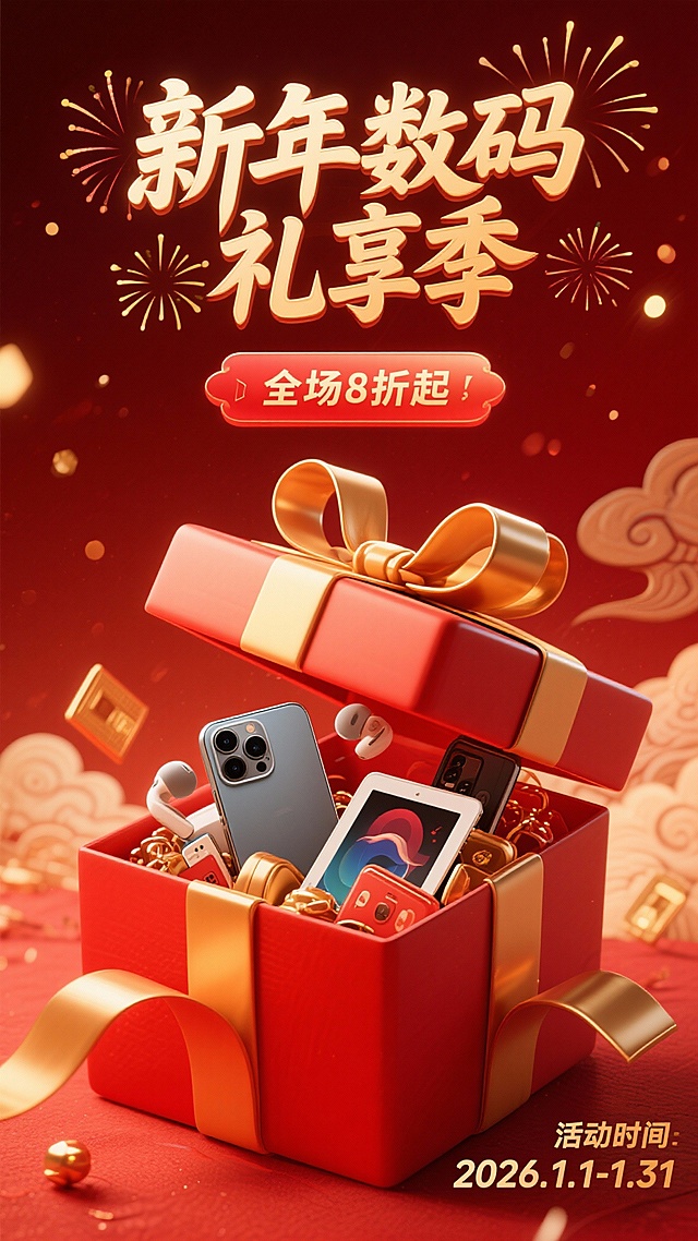 画面中心是一个礼物造型，彩带包裹。礼物内部是微缩版的手机，耳机、平板等相关堆积再礼盒里面，不能超出礼物外壳。整体为3D建模渲染风格，柔和光影，真实材质，高清建模，礼物清洁，立体真实感强。构图精致，适用于节日海报