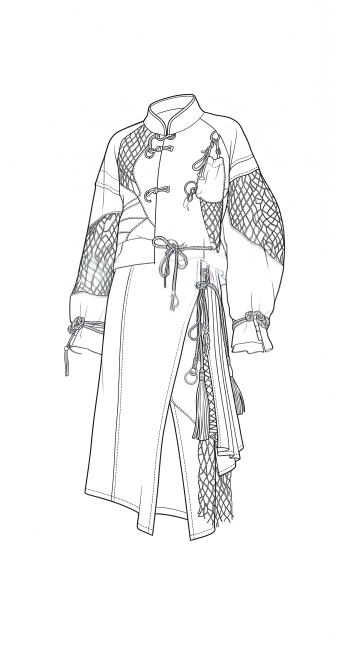 将原图中的蓝色开叉牛仔半身裙提取出来，生成服装款式线稿图，保留设计细节，黑色线条干净清晰预览效果