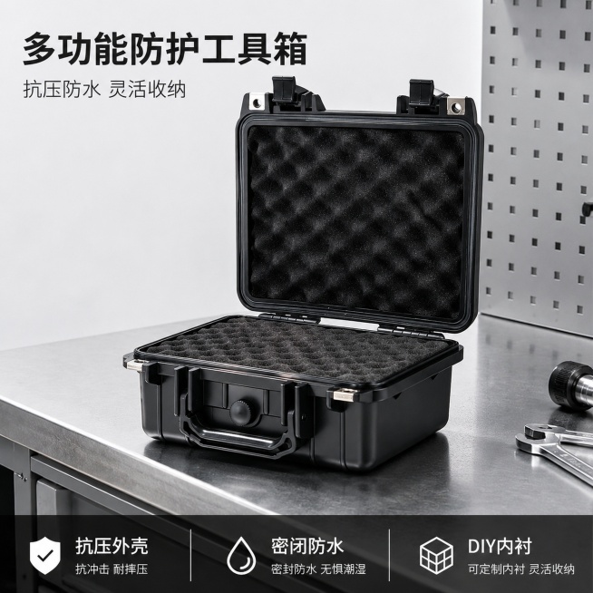 「图片1」「图片1」「图片1」「图片1」「图片1」，生成一套主图（5张），商品名称是多功能防护工具箱，卖点是抗压，防水，DIY海绵内衬，根据放入的物品来DIY海绵内衬，适配京东平台，主图比例为1:1预览效果