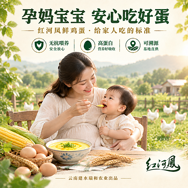 重做这张「孕妈宝宝」宣传图，画面中必须出现真实的孕妈妈和宝宝人物形象：

【主视觉】
- 画面中央：一位温柔微笑的亚洲孕妈妈（明显孕肚）坐在田园餐桌旁，怀里抱着小宝宝
- 孕妈妈用勺子喂宝宝吃金黄的蒸蛋羹，画面温馨有爱
- 旁边桌上放一碗蒸蛋羹、新鲜鸡蛋、玉米和麦穗
- 背景：柔和虚化的田园农场、白色羽蛋鸡在远处散步、阳光温暖

【文案】
- 顶部主标题：「孕妈宝宝 安心吃好蛋」墨绿色粗体
- 副标题：「红河凤鲜鸡蛋 · 给家人吃的标准」金色小字
- 三个卖点标签：无抗喂养 安全放心 / 高蛋白 营养好吸收 / 可溯源 基地直供
- 右下角放「红河凤」简化logo（白底墨绿书法三字）
- 底部小字：「云南建水瑞和农业出品」

【风格】
- 米白浅绿暖色系，温馨健康，版式精美，文字清晰
- 画面中不得出现价格金额，人物形象健康自然