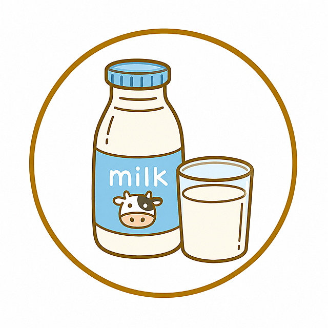 生成一个乳品饮料类图标，参考上传图片的手绘卡通风格，白底，圆形图标，简洁清晰，对应乳品饮料商品，整体画风和参考图一致，纯白色背景