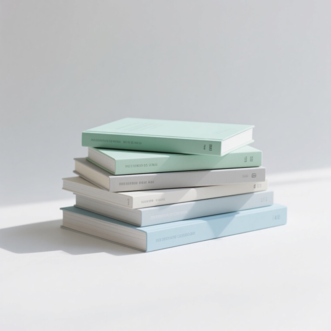 白色背景上，一组现代简约风格的书籍堆叠摆放，保持原有的立体光影效果、清晰的书脊文字细节和自然的堆叠层次感，主体书籍颜色改为清新的薄荷绿色，部分书籍搭配浅灰色和淡蓝色作为辅助色，整体色彩和谐统一，呈现出干净、雅致的视觉氛围。预览效果