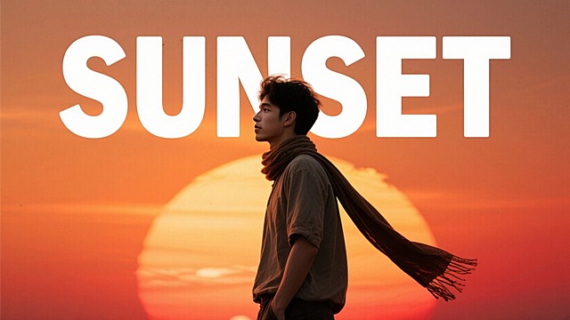 一个男生，日落 ，背后文字“SUNSET”