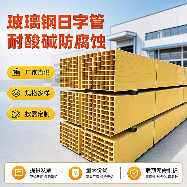 首图点击率，突出玻璃钢日字管厂家直供与耐酸碱防腐蚀核心卖点。专业工业建材风格，背景以浅灰蓝渐变为主，标题字色为深橙红色，辅助字色为深灰色，强调色为橙黄色，字体为粗黑体无衬线，字号层级分明，卡片用细边框圆角样式，整体干净稳重有工厂源头感。画面主体为玻璃钢日字管，呈日字截面的方管结构，黄色玻璃钢材质，表面光滑有质感，多根整齐堆叠陈列，占据画面中部偏右位置，占比约65%。左侧上方为大标题主文案，下方配3个核心卖点胶囊标签。底部横向服务条展示厂家直供相关信任信息。背景为现代工厂厂房外景虚化，有蓝天和厂房建筑轮廓，营造工业源头氛围。产品外观、颜色、日字管截面结构与输入图完全一致。商业工业摄影质感，自然光从左上方照射，产品表面有均匀光泽，底部有自然接触阴影，材质体现玻璃钢的坚硬光滑感，无毛刺无污渍。背景浅灰蓝渐变，标题深橙红色，辅助文字深灰色，强调色橙黄色，产品本身黄色为主色调，整体配色专业稳重。左上主标题大字粗体：玻璃钢日字管 耐酸碱防腐蚀。主标题下方3个卖点胶囊：厂家直供 规格多样 按需定制。底部服务条小字：提供发票 量大价优 后期无需维护。文字均放在左侧负空间，不遮挡产品主体。1:1正方形比例，文字清晰可读，产品清晰锐利，无变形错字，无水印无平台logo，无杂乱元素，不出现任何尺寸规格成分数字参数。