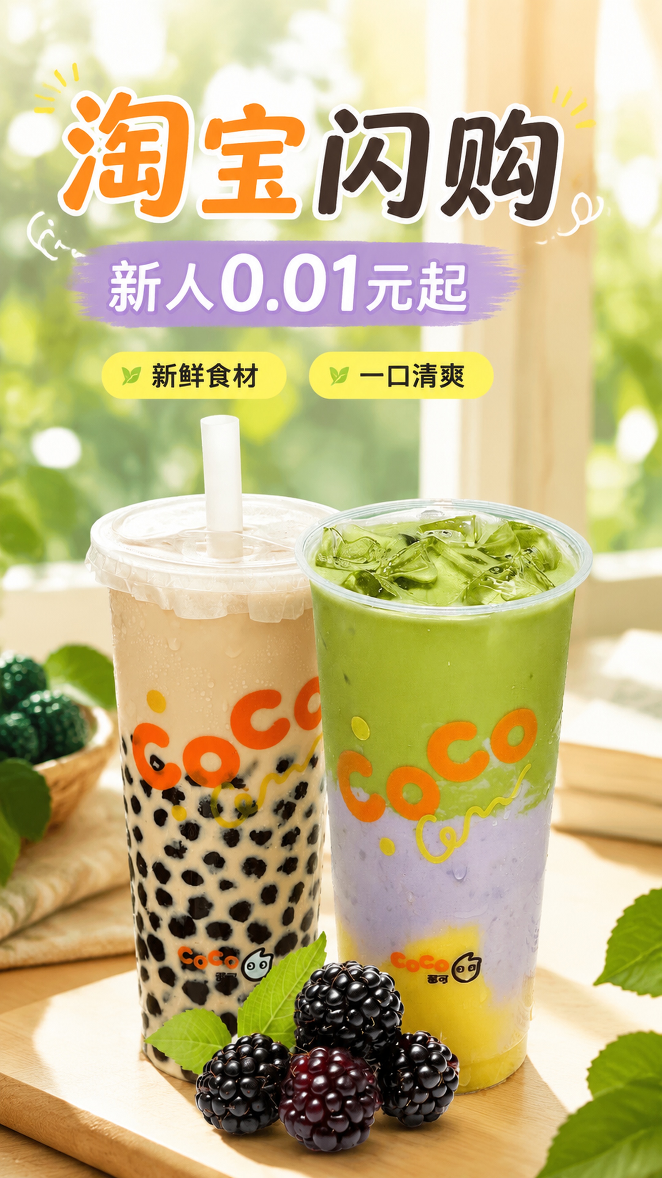 淘宝电商促销海报，9:16竖版，产品为CoCo双杯饮品放置在浅… - 图片创意预览