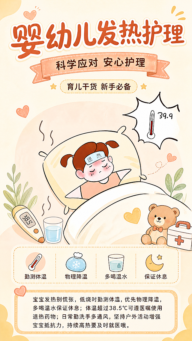 使用电商海报技能根据商品图「图片1」，生成1张电商海报，参考图为，内容主题为婴幼儿发热护理，图片比例为9:16，说明护理、预防等文字80字左右