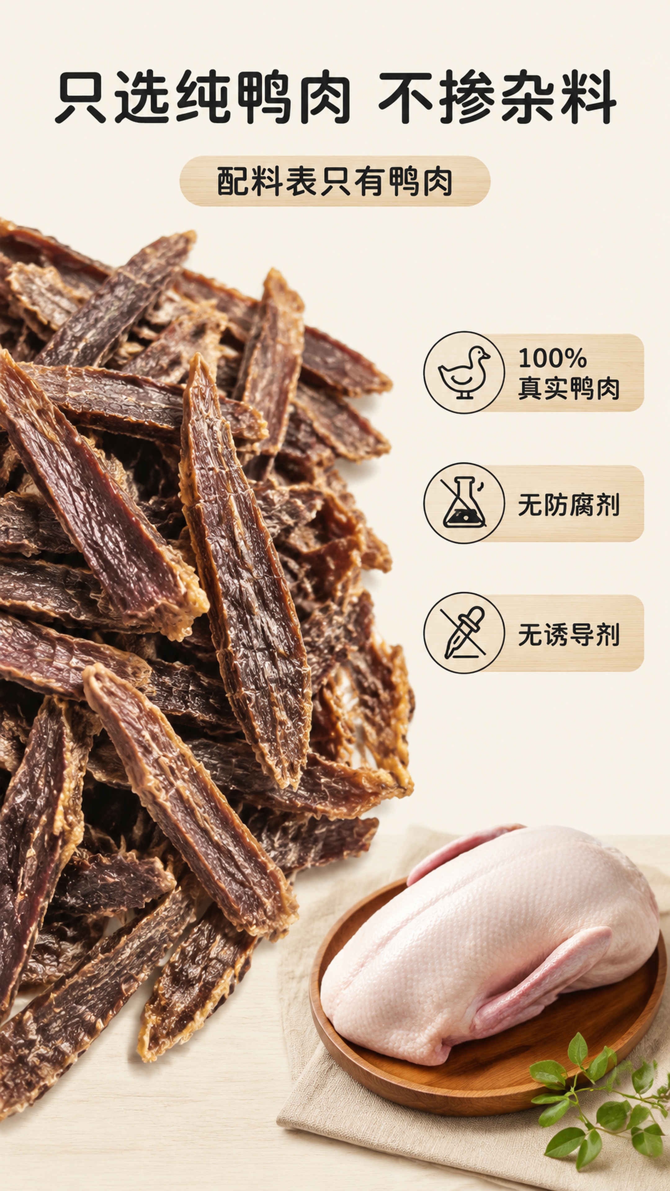 [第2屏] 成分展示-纯鸭肉原料专屏。本屏使用【图1】展示鸭肉… - 图片创意预览