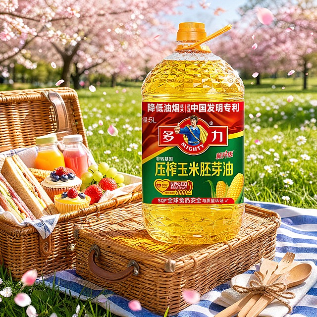 超写实食品商业摄影。
主体：5L装玉米油桶严格参照上传产品图，完整保留所有可见组件、部件、轮廓、结构、比例、材质、颜色与产品本体上的文字信息（logo/品牌名/规格/标签/图案等），与上传图完全一致；自然融入场景光影，与场景共处同一物理空间。产品占画面约55%，完整不裁切，背景无其他同类食用油产品。
构图：微侧15度微俯，黄金分割构图，产品为第一视觉焦点。
风格：野餐篮主题风。
场景：公园草地野餐，春日上午。
空间/承载：①产品放置于打开的藤编野餐篮盖子上，野餐篮为天然藤条编织，质感自然；②背景是翠绿的草坪，上面有星星点点的白色小野花；③远处有粉色樱花树，花瓣飘落，春意盎然。
陪衬/软装：①野餐篮内，摆放着各种食物：三明治、水果拼盘（草莓、蓝莓、葡萄）、纸杯蛋糕、鲜榨果汁；②野餐篮旁边，一块蓝白条纹野餐布，铺在草地上；③野餐布上，有一副木质野餐餐具套装，捆着麻绳；④空中飘着几片粉色樱花瓣，增加动态感。
配色/材质：金黄/藤编色/草绿/粉色/蓝白条纹；透明塑料/藤编/木材/织物/新鲜食物。
光影：主光为春日上午柔和的阳光，从上方斜射，温暖明亮；油桶表面有柔和高光，藤编纹理清晰；整体光线柔和清新，色彩明亮，充满春日野餐的浪漫与惬意。
参数：4K 超写实 商业摄影 春日野餐。严格锁定宽高比为1:1。