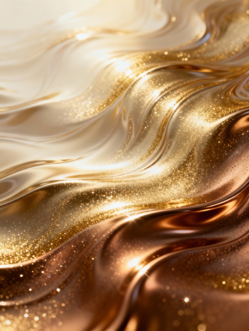 金色渐变背景，呈现出流动的液态金属质感，表面有细腻的波纹和漩涡状纹理，闪耀着明亮的高光和闪烁的金色微粒，光线从上方照射，形成自然的明暗过渡和光影层次，整体氛围奢华、璀璨且富有动感，色调从浅香槟金逐渐过渡到深古铜金，质感光滑且带有湿润的光泽感。预览效果