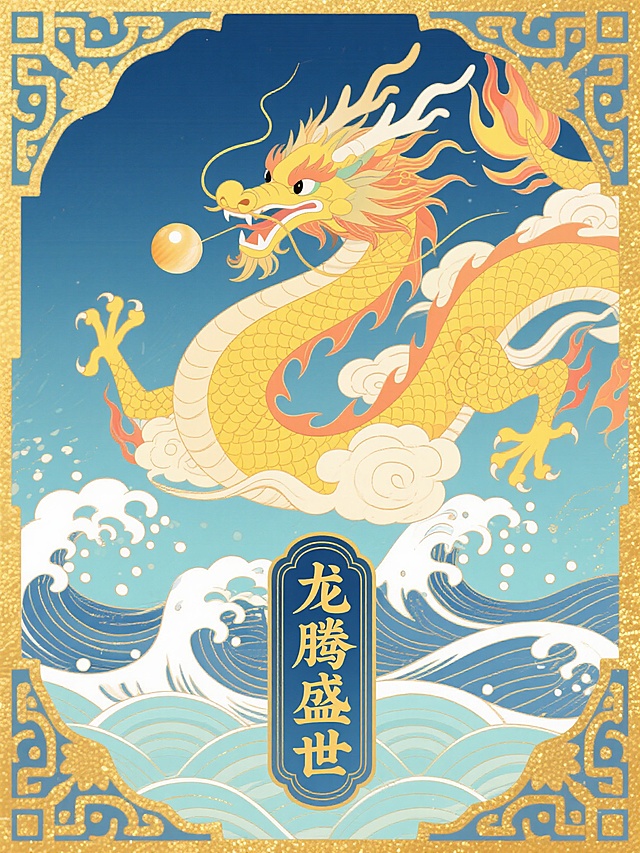 国潮风插画，龙腾云海，大字“龙腾盛世”，古典中式感，节日庆典设计。