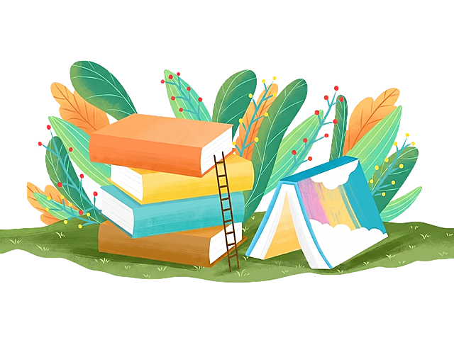 去掉图片中的所有人物，保留书本、梯子、植物草地这些元素和整体插画风格不变，保持画面自然