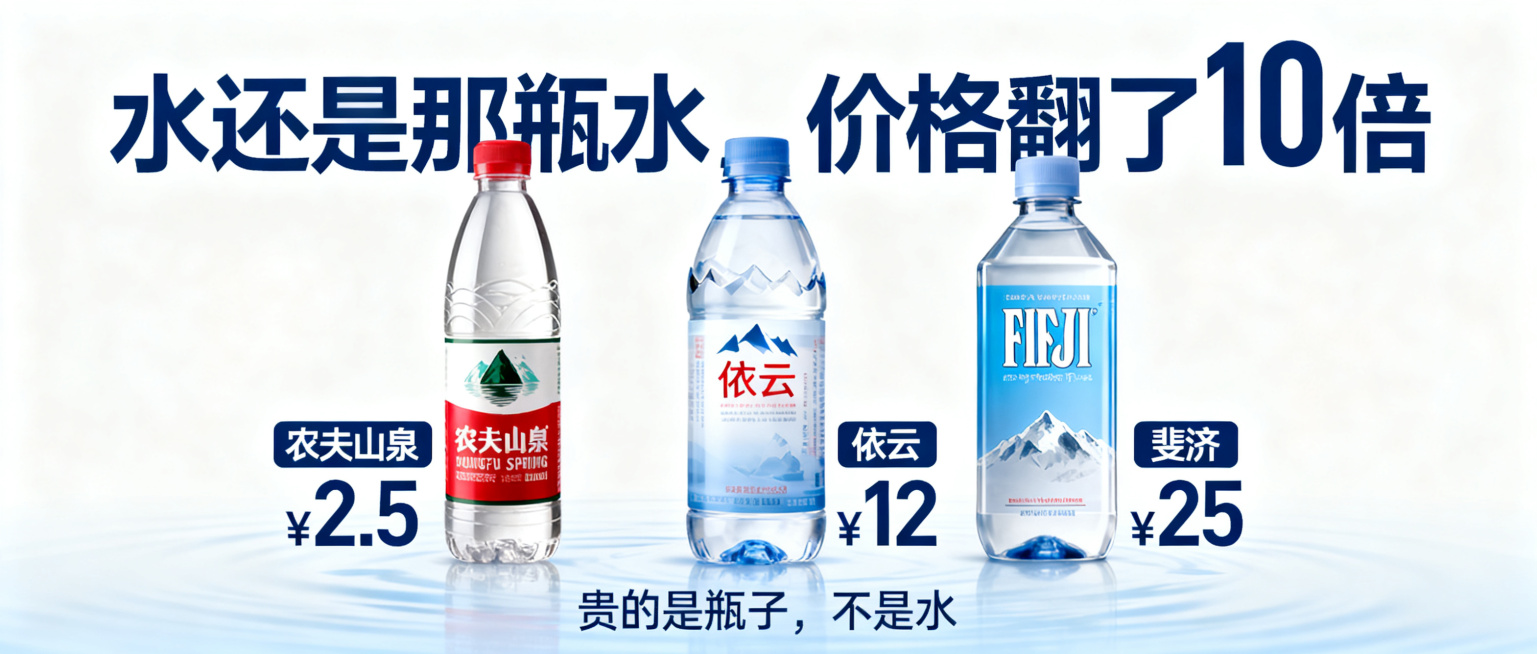 背景是三瓶水并排摆放，分别是农夫山泉、依云、斐济，海报设计，主标题文字为"水还是那瓶水，价格翻了10倍"，价格标签标注：农夫山泉￥2.5，依云￥12，斐济￥25，底部小字为"贵的是瓶子，不是水"，配色预览效果