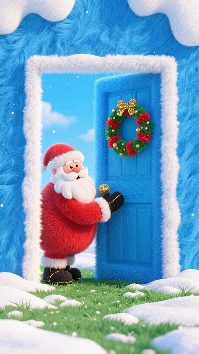 对称构图，背景蓝天雪地，地面有绿草与积雪。中间是一个挂圣诞花环的蓝色门，圣诞老人向内推门，墙面也是蓝色。门前装饰着驯鹿、拐杖糖、小姜饼人。