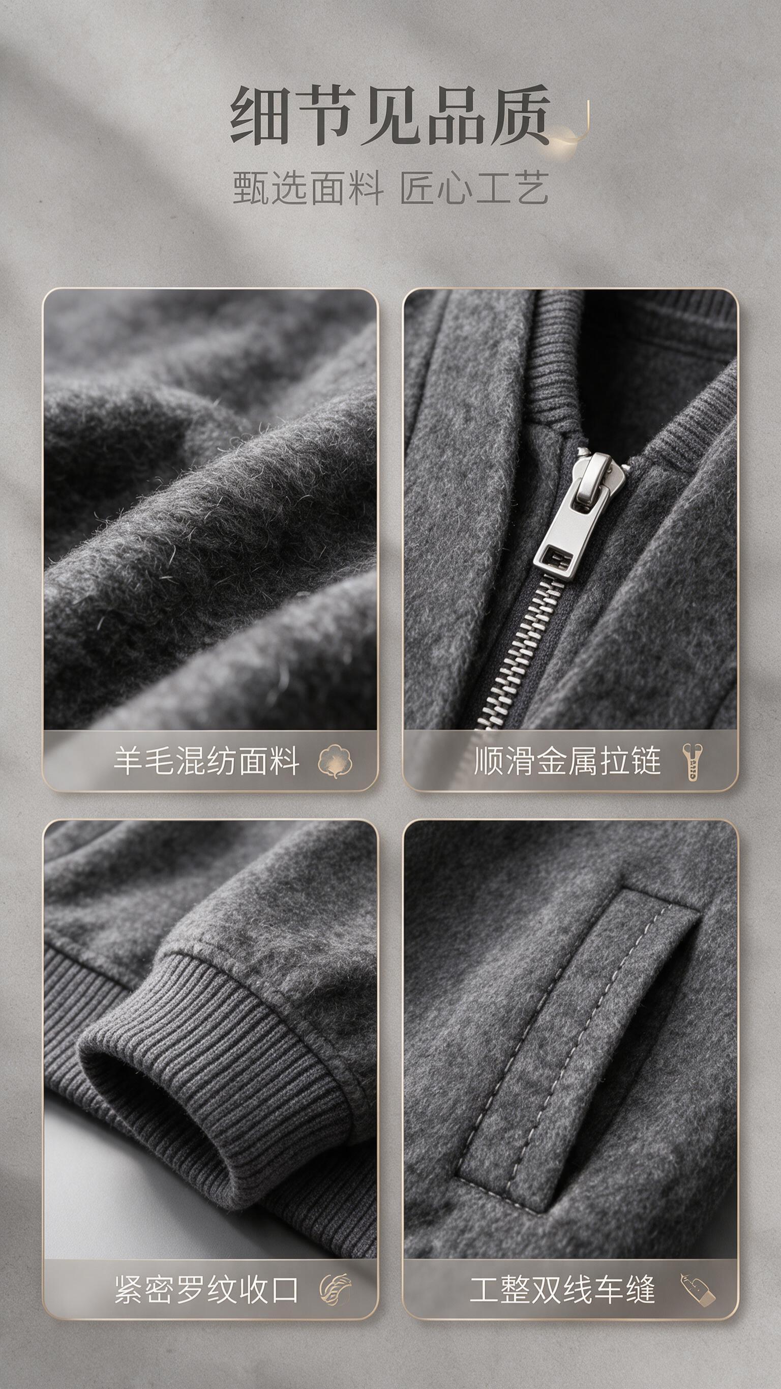 [商品] 使用【图1】深灰色羊毛混纺V领拉链夹克；商品处理：保… - 图片创意预览