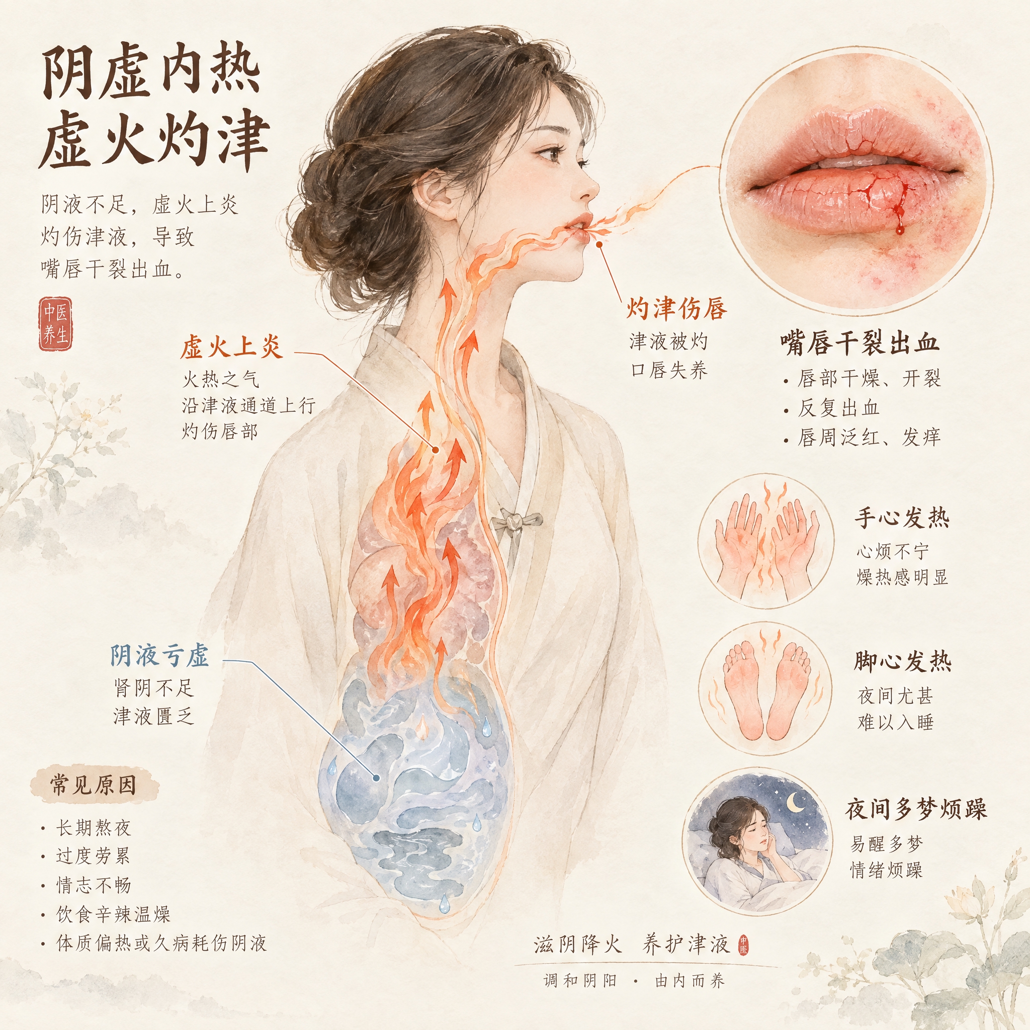 中医养生科普插画，表现阴虚内热、虚火灼津导致嘴唇干裂出血的主题… - 图片创意预览
