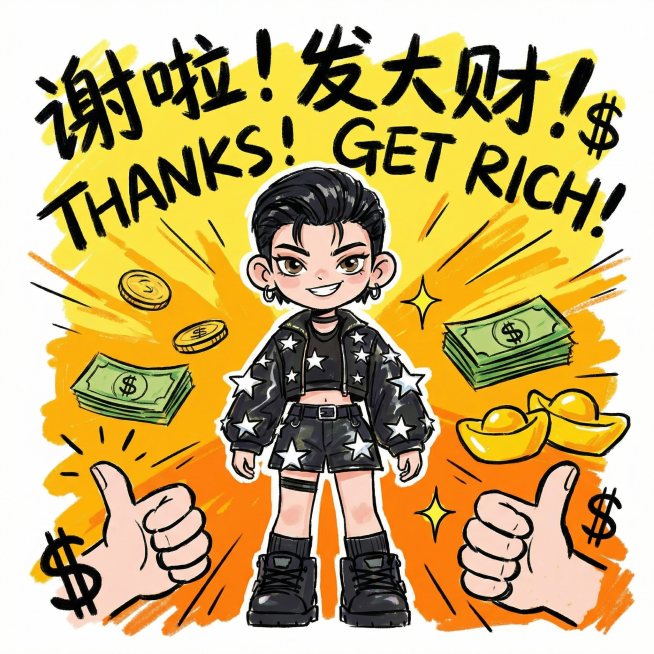 基于图片1的酷飒拽姐人设，参考图片2的简笔潦草手绘涂鸦风格，生成赞赏感谢发大财主题表情包横幅，高饱和开心氛围背景色，保留酷飒拽姐人设避免软萌，适量添加金币钞票等对应元素，不要过多元素，可用符号强化开心预览效果