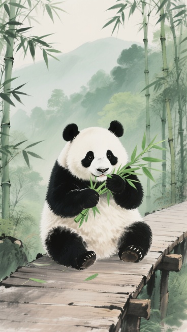 中国水墨画风格，一只憨态可掬的大熊猫坐在木质栈道上，双手抱着青翠的竹叶正在啃食，黑白相间的毛发蓬松柔软，圆润的脸颊和黑色的眼圈显得格外可爱，周围环绕着茂密的竹林，竹叶在微风中轻轻摇曳，背景是朦胧的绿色山林，营造出宁静祥和的氛围，整体画面充满东方韵味，线条流畅自然，墨色浓淡相宜，意境悠远。预览效果