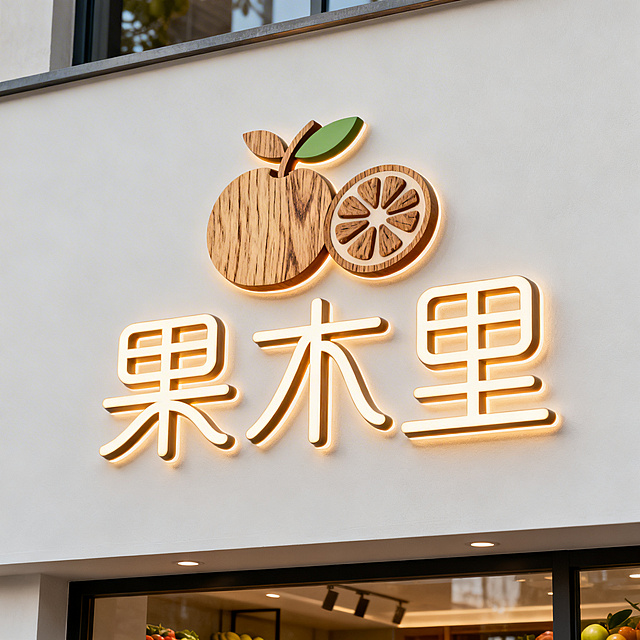 再次重新设计水果店logo，店名“果木里”，结合水果、木纹纹理和果干造型做创意字体设计，风格简约高级，配色清新自然，适合做门店发光招牌，包含完整文字“果木里”