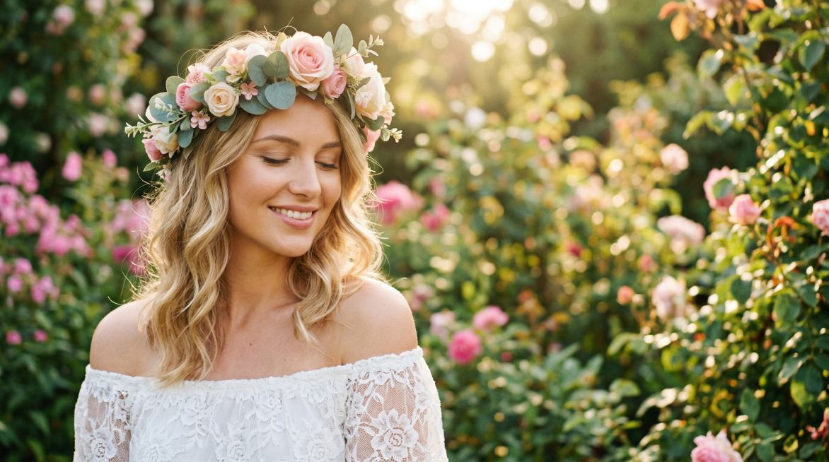 年轻欧美浅肤色女性，金色波浪卷发，佩戴粉色仿真花花环，穿白色蕾丝露肩肩裙，闭眼微笑，温柔治愈，户外花园背景，16:9横屏，近景上半身构图，人物位于画面左侧，自然阳光预览效果