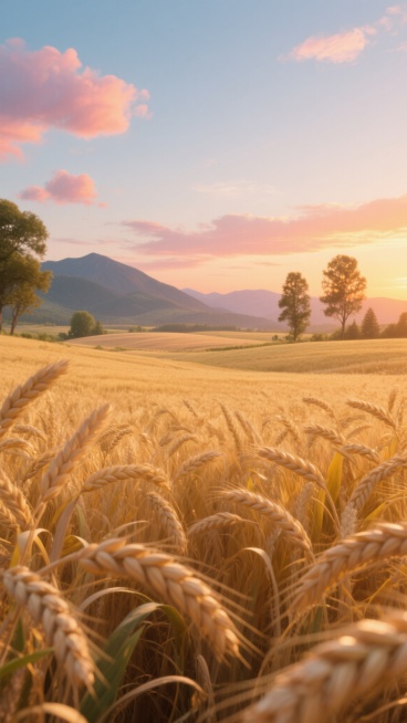 金黄的麦田在夕阳下随风起伏，麦穗饱满低垂，远处是连绵的青山和几棵挺拔的树木，天空中飘着几朵橘粉色的晚霞，整体呈现出温暖治愈的氛围，具有高清写实的3D质感，色彩明亮饱和，光影层次丰富，构图采用三分法，前景是近景的麦穗细节，中景是广阔的麦田，远景是山脉和天空，营造出开阔深远的空间感。预览效果