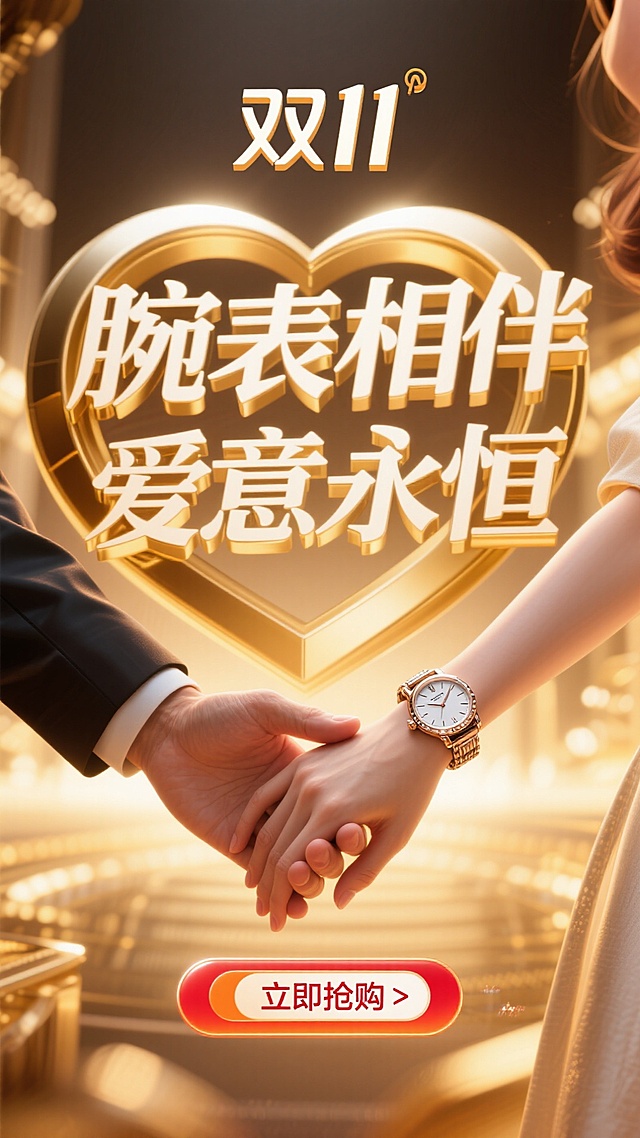 3D重拟物风格，鎏金金属质感，心形立体字与牵手场景交织，传递奢华浪漫温馨的双11爱意氛围。