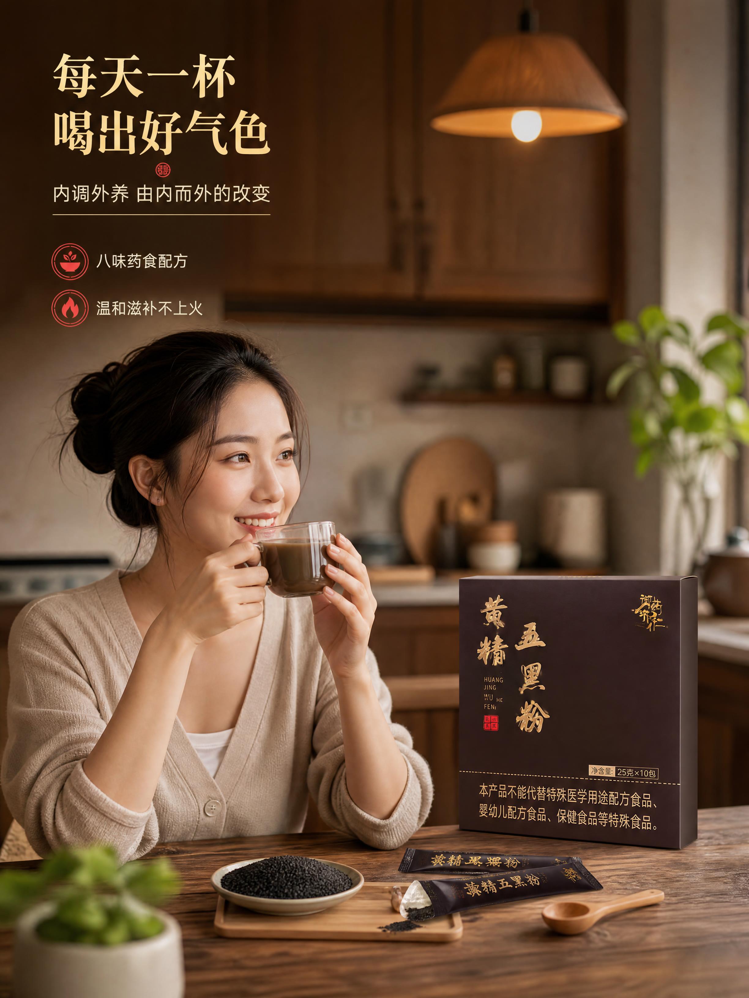 [商品] 使用【图1】黄精五黑粉包装盒，置于画面右侧桌面，占画… - 图片创意预览