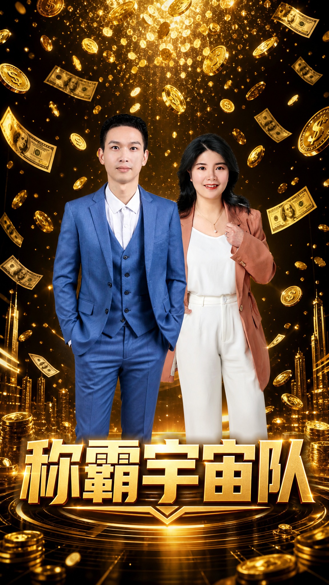 团队形象海报，画面中央是两位商务人士（左侧为穿蓝色西装的男士，… - 图片创意预览