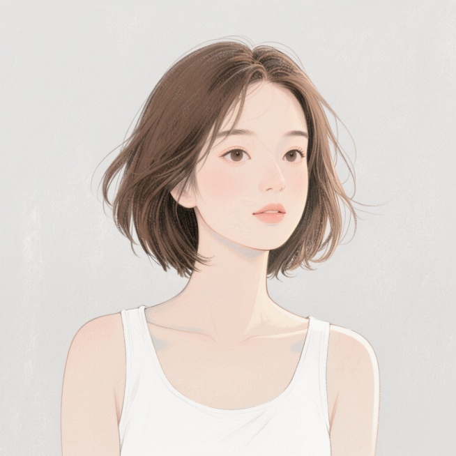 一位身穿白色无袖上衣的女性，棕色短发，发丝自然飘动，背景为浅灰色，整体风格简约清新，注重人物面部与发型细节呈现，光线柔和均匀，营造出干净、自然的氛围。预览效果