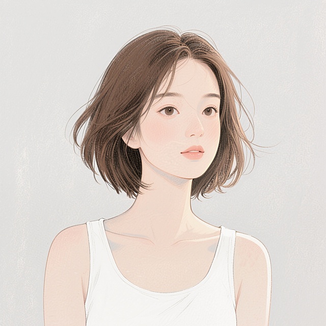 一位身穿白色无袖上衣的女性，棕色短发，发丝自然飘动，背景为浅灰色，整体风格简约清新，注重人物面部与发型细节呈现，光线柔和均匀，营造出干净、自然的氛围。