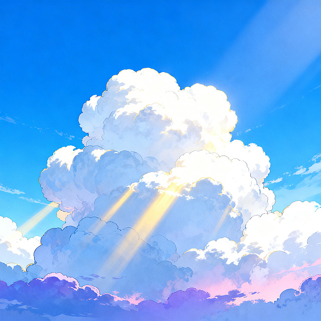 动漫风格蓝天白云背景，画面70%以上由纯净的蓝色天空和蓬松的白色云朵构成，整体呈现明亮通透的氛围。天空从上到下由深邃的湛蓝渐变为柔和的浅蓝，阳光透过云层形成数道金色的光束斜射而下，照亮云层边缘。云朵形态饱满，层次丰富，底部边缘带有淡淡的粉紫色霞光，整体构图开阔舒展，色彩和谐统一，充满宁静而美好的感觉。
