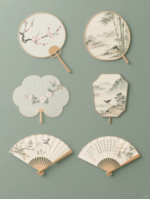 一组6个不同造型、不同形状、不同样式的扇子素材集合，规整排布在纯色背景上。保持中国传统工笔画风格，细腻的线条勾勒，淡雅的色彩晕染，柔和的光影效果，营造出宁静雅致的氛围。每个扇子都有独特的设计：有的是圆形扇面，绘有盛开的梅花；有的是椭圆形扇面，描绘着竹林景象；有的是六边形扇面，展现出山水风光；有的是花瓣形扇面，刻画着花鸟图案；有的是长方形扇面，书写着古典诗词；还有的是异形扇面，设计新颖独特。扇骨……预览效果