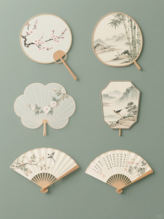 一组6个不同造型、不同形状、不同样式的扇子素材集合，规整排布在纯色背景上。保持中国传统工笔画风格，细腻的线条勾勒，淡雅的色彩晕染，柔和的光影效果，营造出宁静雅致的氛围。每个扇子都有独特的设计：有的是圆形扇面，绘有盛开的梅花；有的是椭圆形扇面，描绘着竹林景象；有的是六边形扇面，展现出山水风光；有的是花瓣形扇面，刻画着花鸟图案；有的是长方形扇面，书写着古典诗词；还有的是异形扇面，设计新颖独特。扇骨采用木质纹理，扇面材质轻盈通透，整体画面和谐统一，具有浓郁的东方艺术韵味。