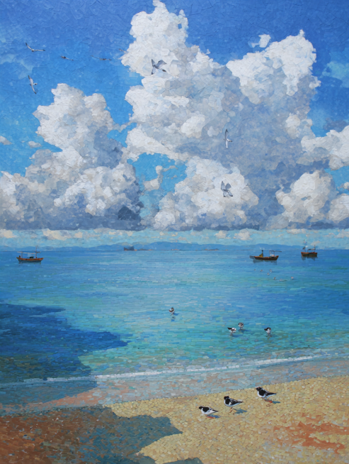 现代美学，色彩颗粒，丙烯画、布面油画，色粉画，扁平化，光影艺术，插画、绘本插图、风景、自然主题、肌理触感等，复杂的细节，细致的描绘，肌理纸制作与画面特殊效果的把控是作品的灵魂，画面细腻耐人寻味、如肌理预览效果