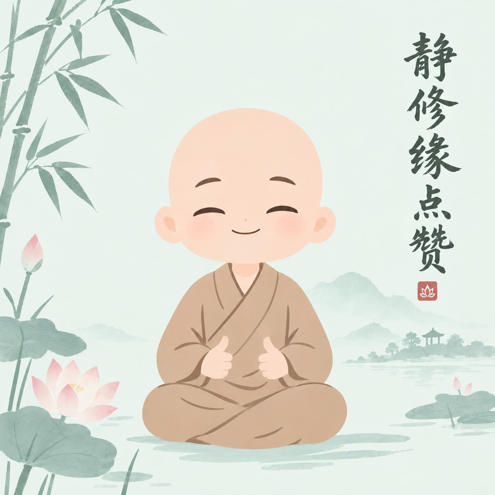 禅意风格Q版表情包第4帧，男版小和尚，光头，穿浅棕色僧袍，盘腿… - 图片创意预览